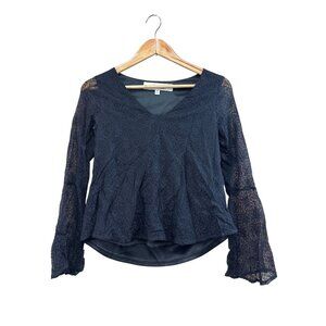 Emmelle Black Lace Long Sleeve V-Neck Blouse XS Polyester Made In China